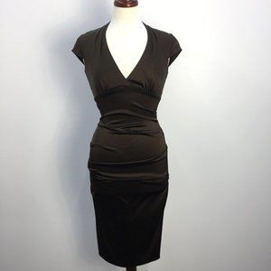 Cache Brown Satin Midi Formal Scrunch Dress